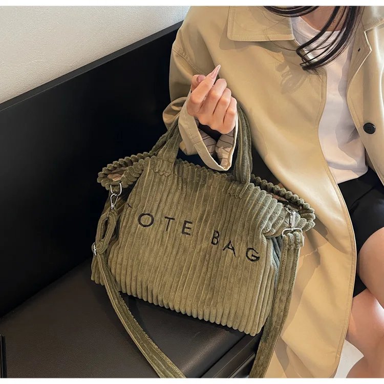 Victoria's Vogue Large Capacity Striped Velvet Handbag Shoulder Bag for Woman Handbags Crossbody Bags, Versatile Letter Corduroy Women's Tote Bag