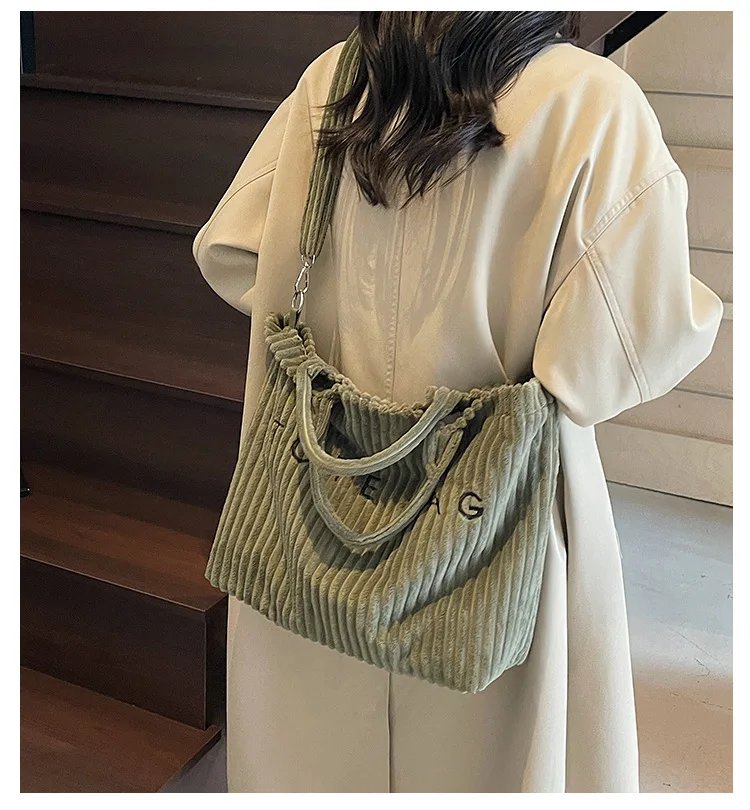 Victoria's Vogue Large Capacity Striped Velvet Handbag Shoulder Bag for Woman Handbags Crossbody Bags, Versatile Letter Corduroy Women's Tote Bag