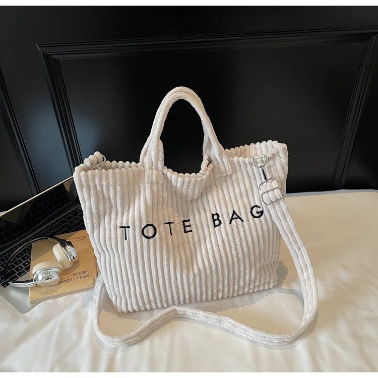 Victoria's Vogue Large Capacity Striped Velvet Handbag Shoulder Bag for Woman Handbags Crossbody Bags, Versatile Letter Corduroy Women's Tote Bag