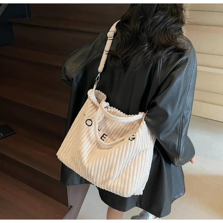 Victoria's Vogue Large Capacity Striped Velvet Handbag Shoulder Bag for Woman Handbags Crossbody Bags, Versatile Letter Corduroy Women's Tote Bag