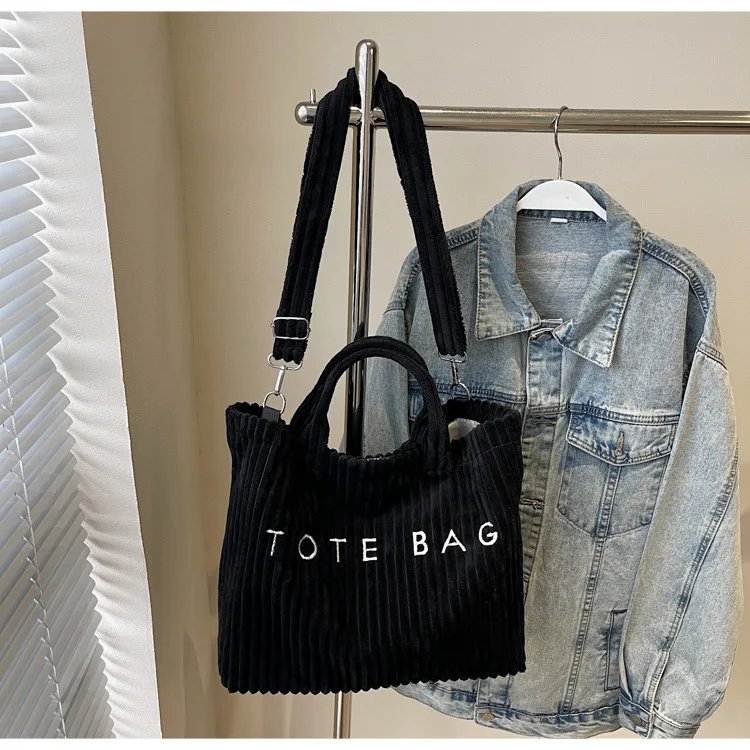 Victoria's Vogue Large Capacity Striped Velvet Handbag Shoulder Bag for Woman Handbags Crossbody Bags, Versatile Letter Corduroy Women's Tote Bag