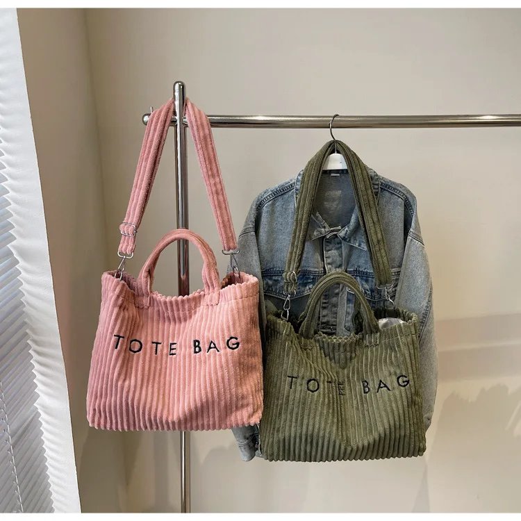 Victoria's Vogue Large Capacity Striped Velvet Handbag Shoulder Bag for Woman Handbags Crossbody Bags, Versatile Letter Corduroy Women's Tote Bag