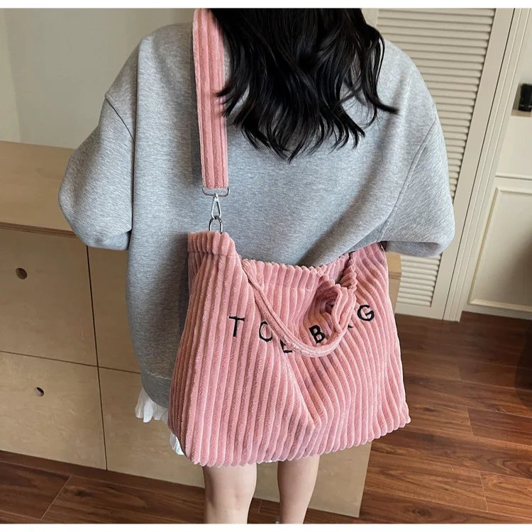 Victoria's Vogue Large Capacity Striped Velvet Handbag Shoulder Bag for Woman Handbags Crossbody Bags, Versatile Letter Corduroy Women's Tote Bag