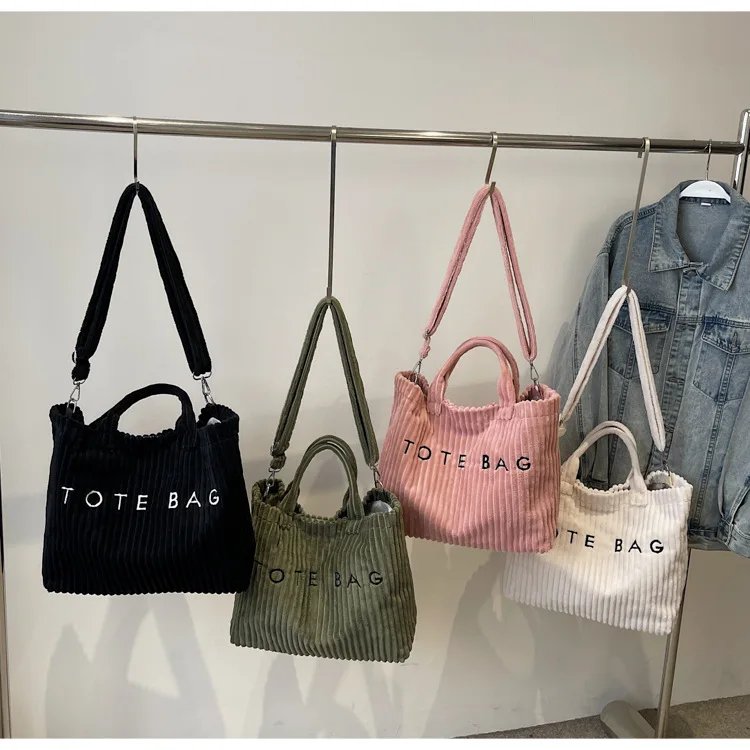 Victoria's Vogue Large Capacity Striped Velvet Handbag Shoulder Bag for Woman Handbags Crossbody Bags, Versatile Letter Corduroy Women's Tote Bag