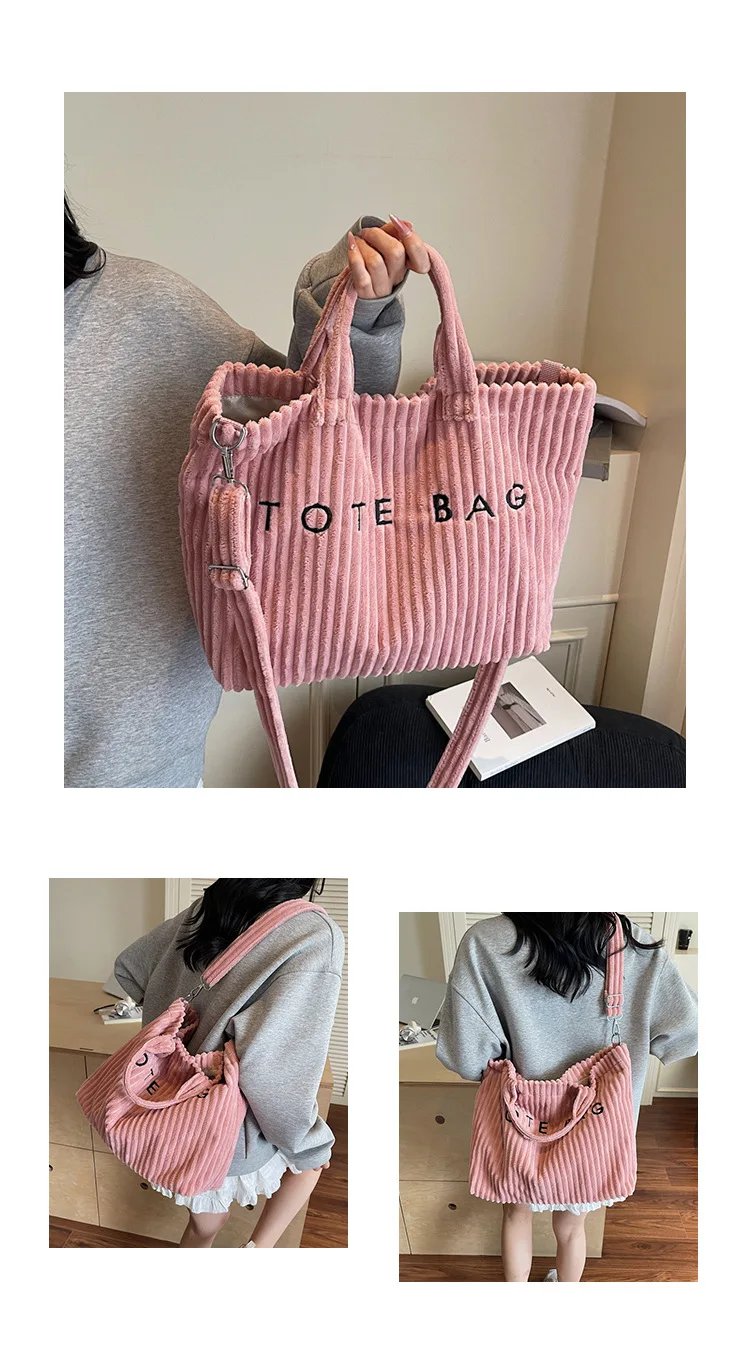 Victoria's Vogue Large Capacity Striped Velvet Handbag Shoulder Bag for Woman Handbags Crossbody Bags, Versatile Letter Corduroy Women's Tote Bag