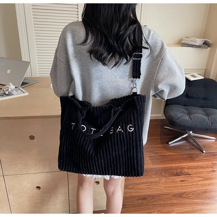 Victoria's Vogue Large Capacity Striped Velvet Handbag Shoulder Bag for Woman Handbags Crossbody Bags, Versatile Letter Corduroy Women's Tote Bag