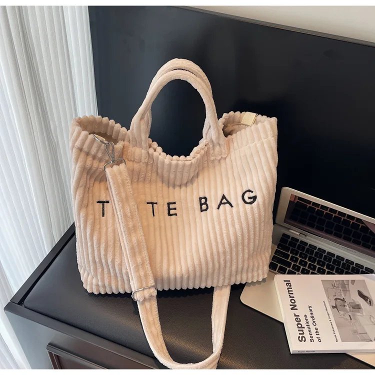 Victoria's Vogue Large Capacity Striped Velvet Handbag Shoulder Bag for Woman Handbags Crossbody Bags, Versatile Letter Corduroy Women's Tote Bag