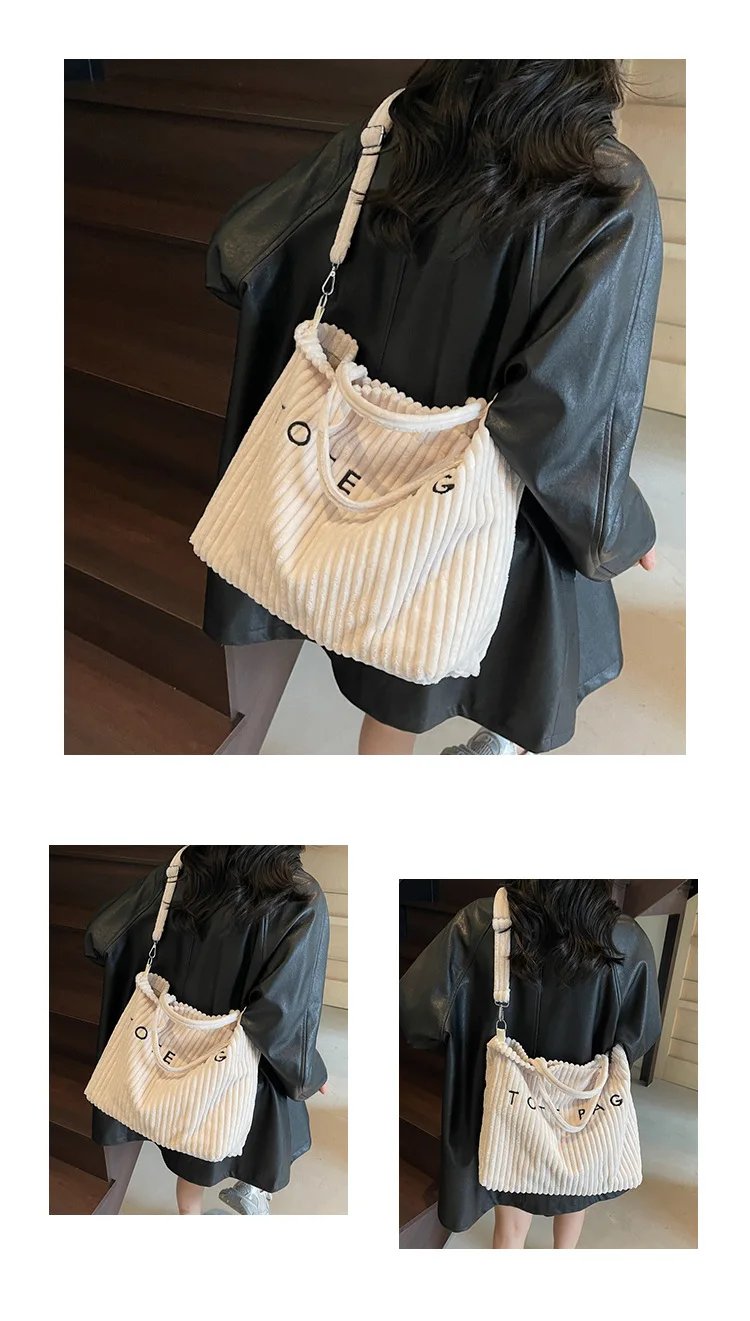Victoria's Vogue Large Capacity Striped Velvet Handbag Shoulder Bag for Woman Handbags Crossbody Bags, Versatile Letter Corduroy Women's Tote Bag