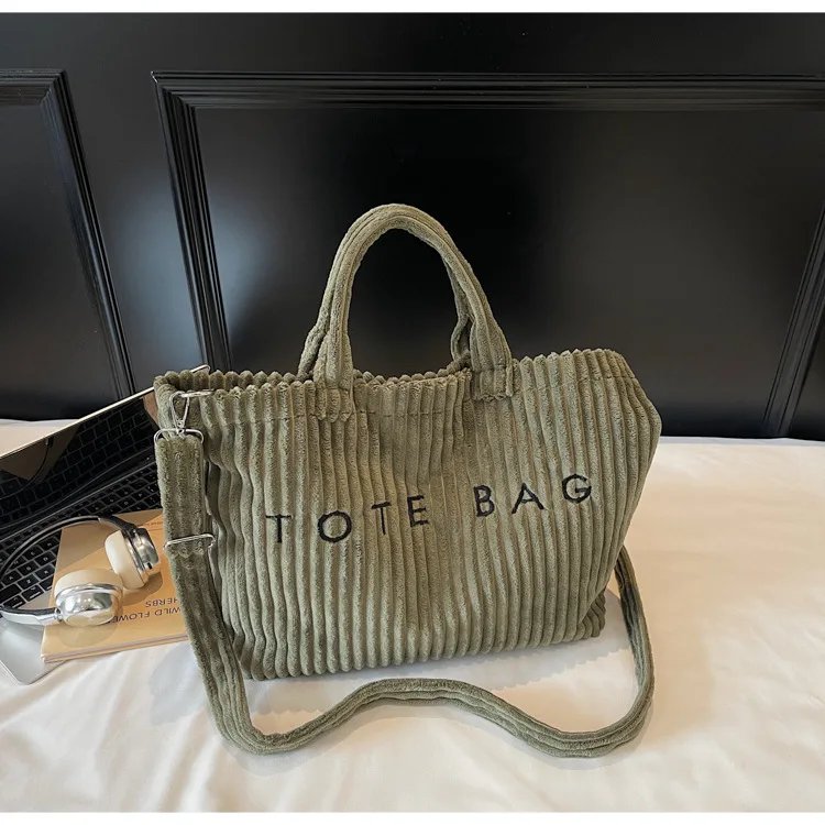Victoria's Vogue Large Capacity Striped Velvet Handbag Shoulder Bag for Woman Handbags Crossbody Bags, Versatile Letter Corduroy Women's Tote Bag