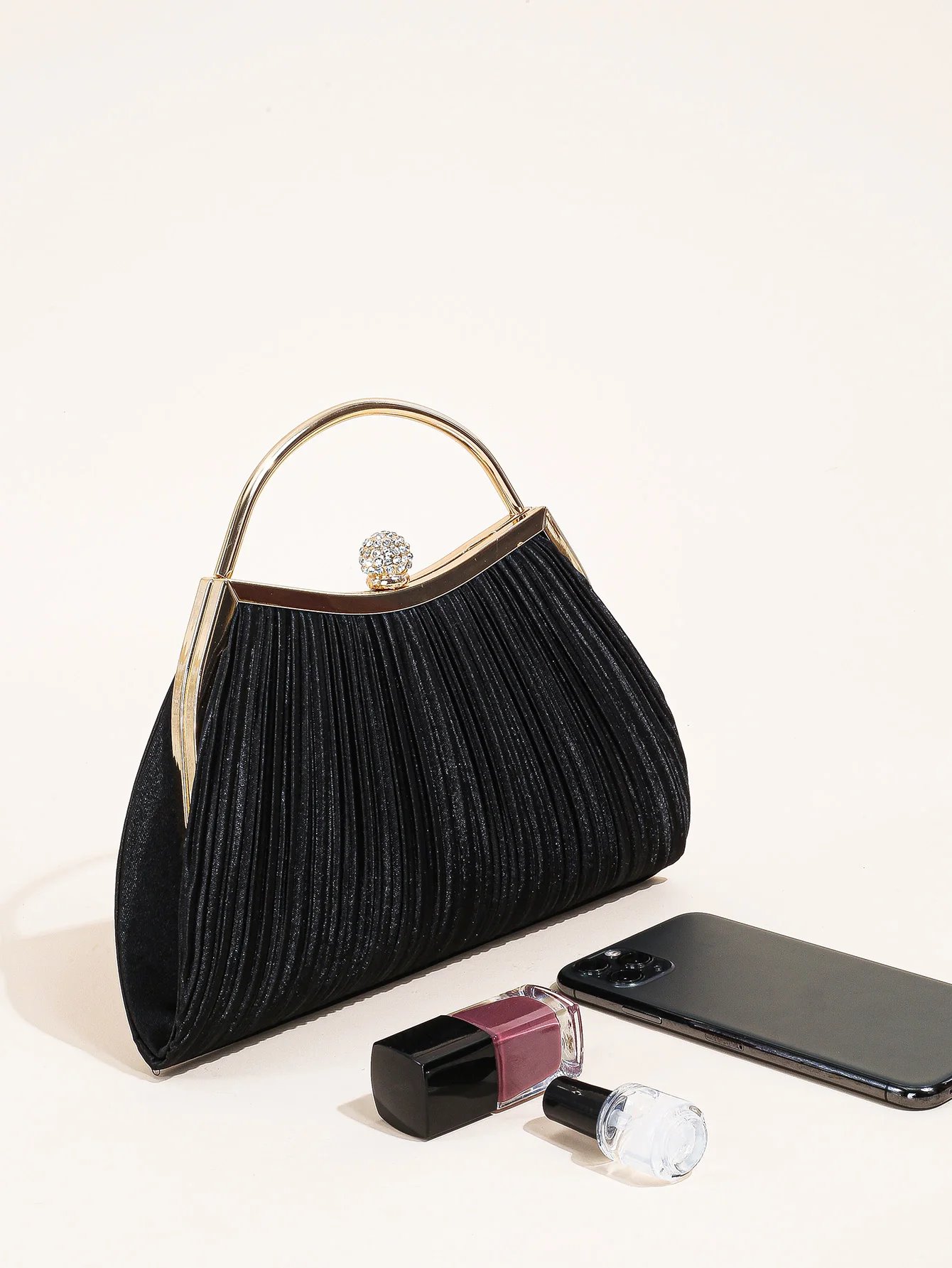 Victoria's Vogue 1 PC Ruched Evening Bag For Women, Top Ring Clutch Purse, Rhinestone Decor Handbags For Wedding Prom Dinner Victoria's Vogue 1 PC Ruched Evening Bag For Women, Top Ring Clutch Purse, Rhinestone Decor Handbags For Wedding Prom Dinner