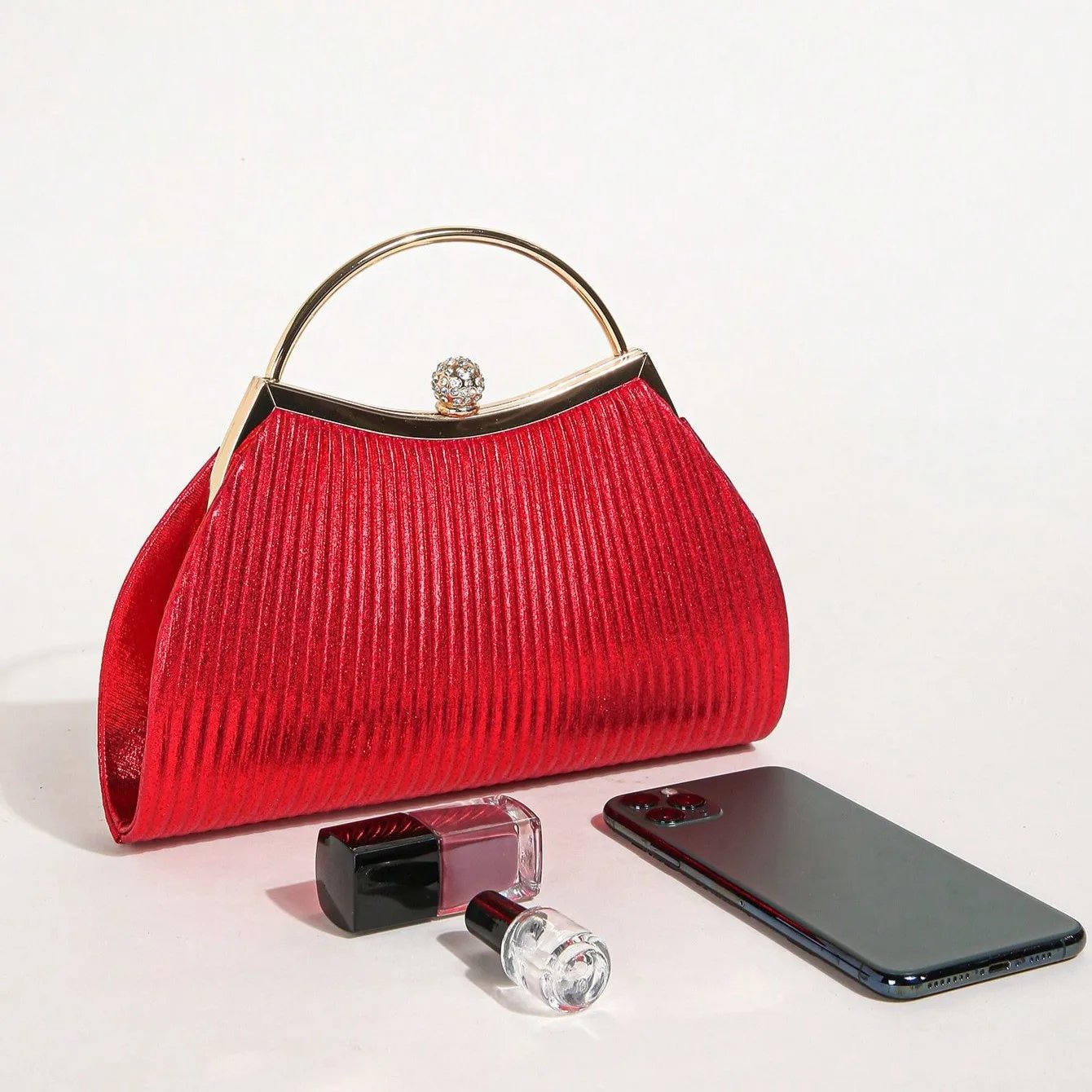 Victoria's Vogue 1 PC Ruched Evening Bag For Women, Top Ring Clutch Purse, Rhinestone Decor Handbags For Wedding Prom Dinner Victoria's Vogue 1 PC Ruched Evening Bag For Women, Top Ring Clutch Purse, Rhinestone Decor Handbags For Wedding Prom Dinner