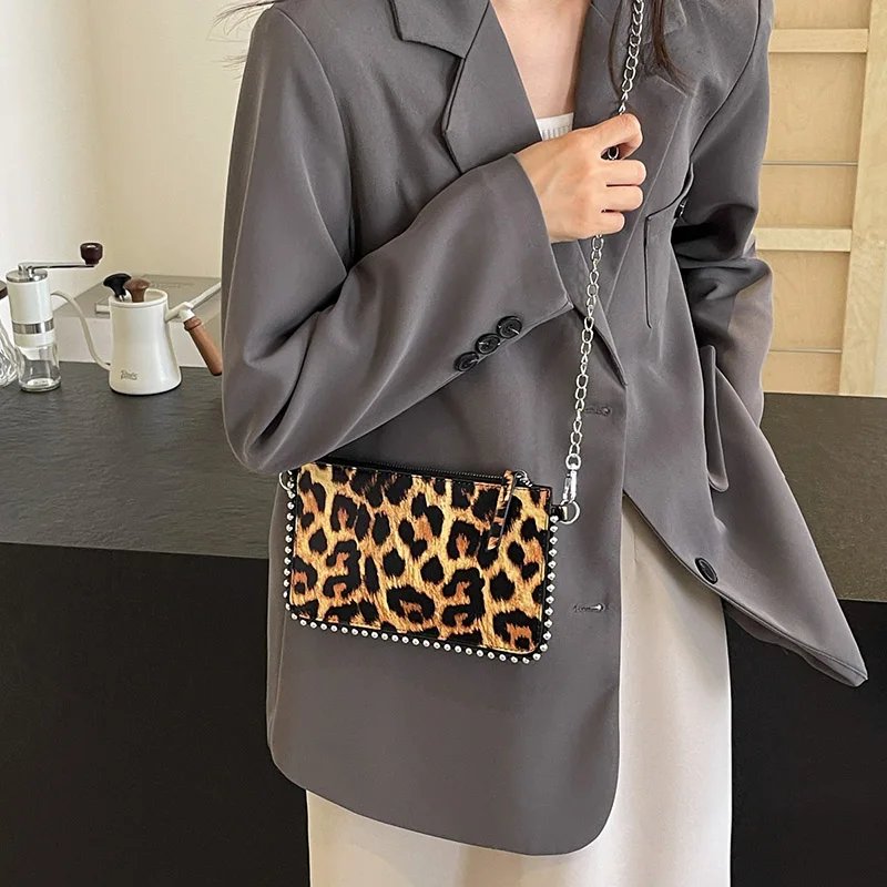 Victoria's Vogue Beading Zipper Leopard Pattern Crossbody Bags For Women, Small Square Shoulder Bag Ladies Handbags Designer Phone Pocket