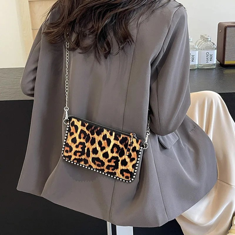 Victoria's Vogue Beading Zipper Leopard Pattern Crossbody Bags For Women, Small Square Shoulder Bag Ladies Handbags Designer Phone Pocket
