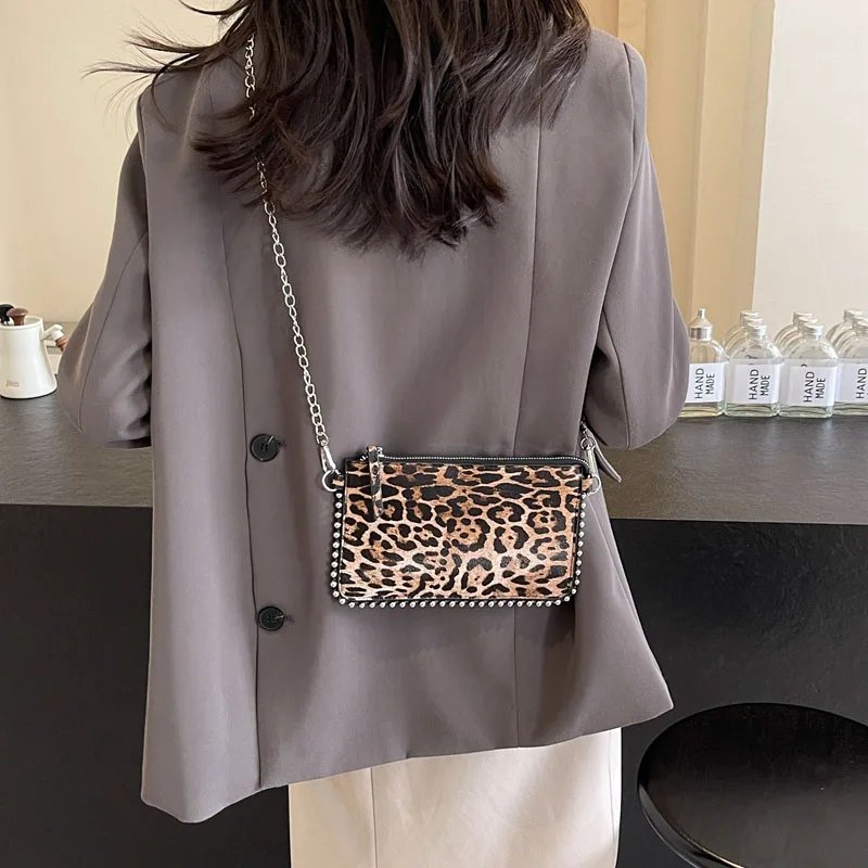 Victoria's Vogue Beading Zipper Leopard Pattern Crossbody Bags For Women, Small Square Shoulder Bag Ladies Handbags Designer Phone Pocket