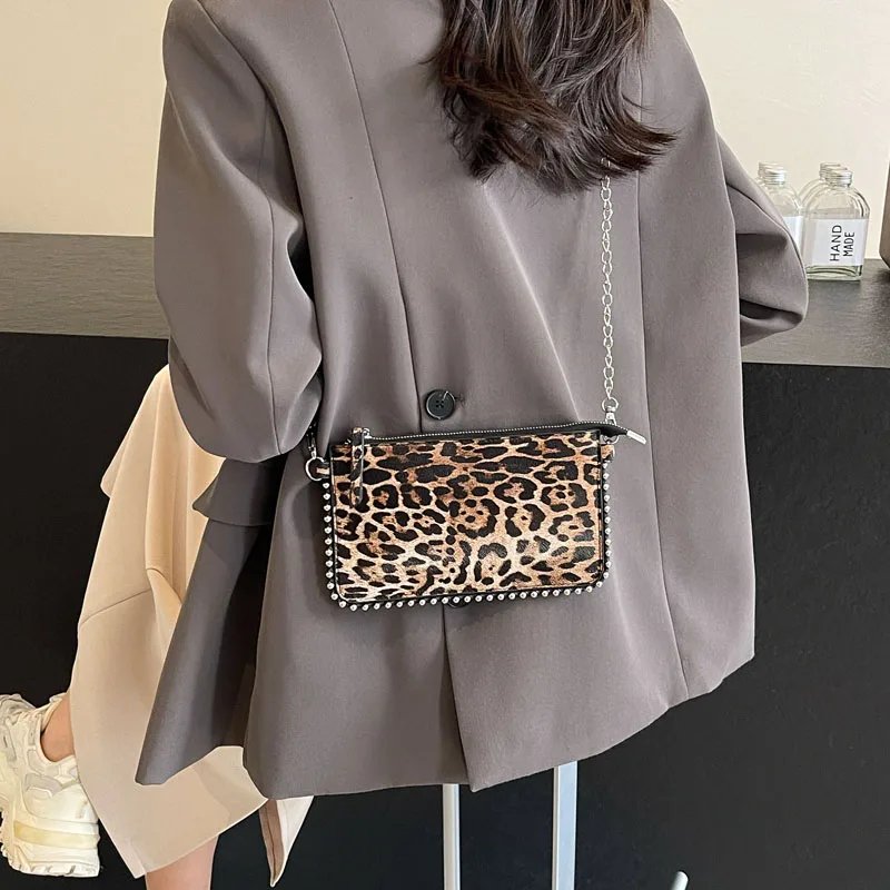 Victoria's Vogue Beading Zipper Leopard Pattern Crossbody Bags For Women, Small Square Shoulder Bag Ladies Handbags Designer Phone Pocket