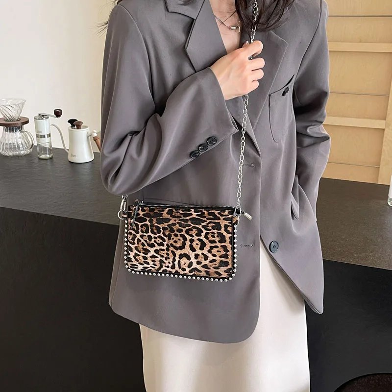 Victoria's Vogue Beading Zipper Leopard Pattern Crossbody Bags For Women, Small Square Shoulder Bag Ladies Handbags Designer Phone Pocket