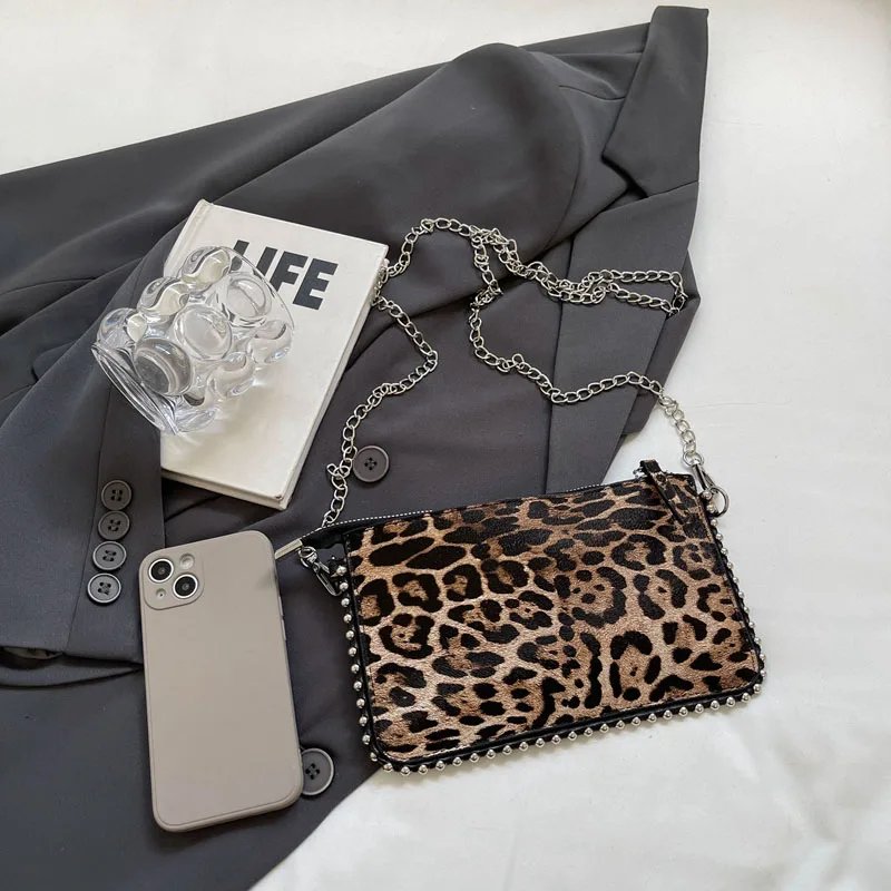 Victoria's Vogue Beading Zipper Leopard Pattern Crossbody Bags For Women, Small Square Shoulder Bag Ladies Handbags Designer Phone Pocket