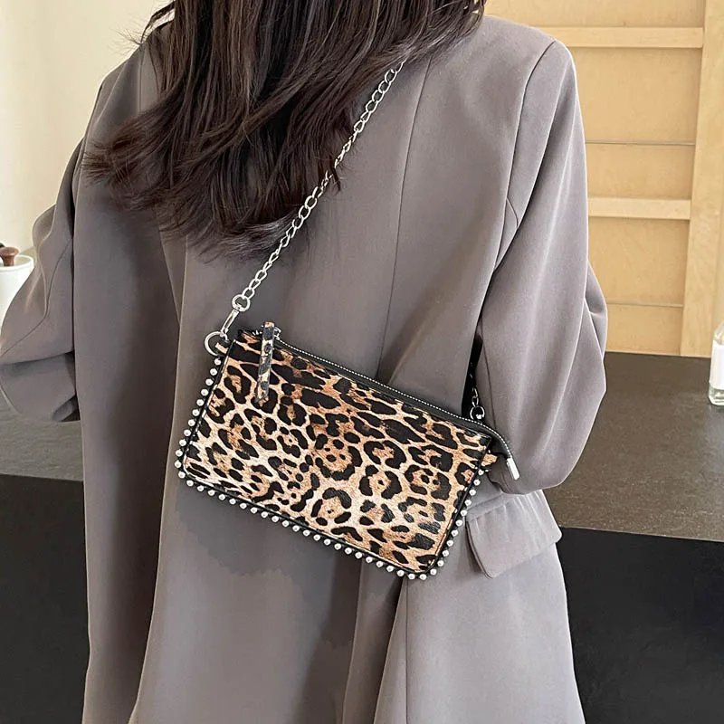 Victoria's Vogue Beading Zipper Leopard Pattern Crossbody Bags For Women, Small Square Shoulder Bag Ladies Handbags Designer Phone Pocket