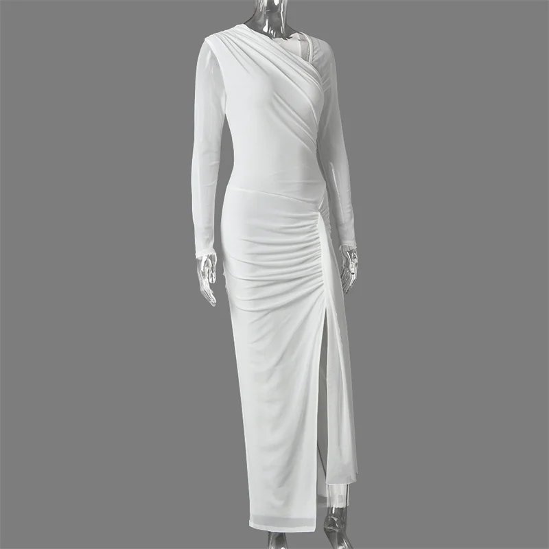 Victorias Vogue One Shoulder Mesh Long Sleeve Maxi Dress Women Ruched Thigh High Slit Bodycon Evening Party Wedding Guest Long Dress Victorias Vogue One Shoulder Mesh Long Sleeve Maxi Dress Women Ruched Thigh High Slit Bodycon Evening Party Wedding Guest Long Dress