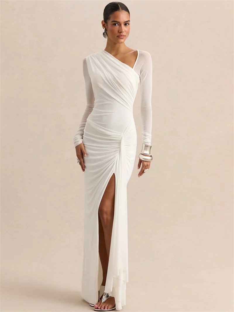 Victorias Vogue One Shoulder Mesh Long Sleeve Maxi Dress Women Ruched Thigh High Slit Bodycon Evening Party Wedding Guest Long Dress Victorias Vogue One Shoulder Mesh Long Sleeve Maxi Dress Women Ruched Thigh High Slit Bodycon Evening Party Wedding Guest Long Dress
