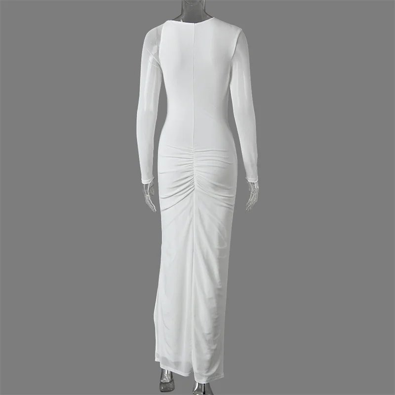 Victorias Vogue One Shoulder Mesh Long Sleeve Maxi Dress Women Ruched Thigh High Slit Bodycon Evening Party Wedding Guest Long Dress Victorias Vogue One Shoulder Mesh Long Sleeve Maxi Dress Women Ruched Thigh High Slit Bodycon Evening Party Wedding Guest Long Dress