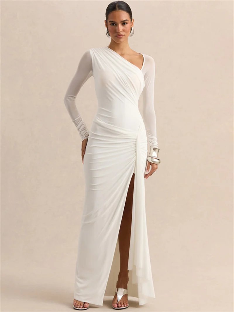 Victorias Vogue One Shoulder Mesh Long Sleeve Maxi Dress Women Ruched Thigh High Slit Bodycon Evening Party Wedding Guest Long Dress Victorias Vogue One Shoulder Mesh Long Sleeve Maxi Dress Women Ruched Thigh High Slit Bodycon Evening Party Wedding Guest Long Dress
