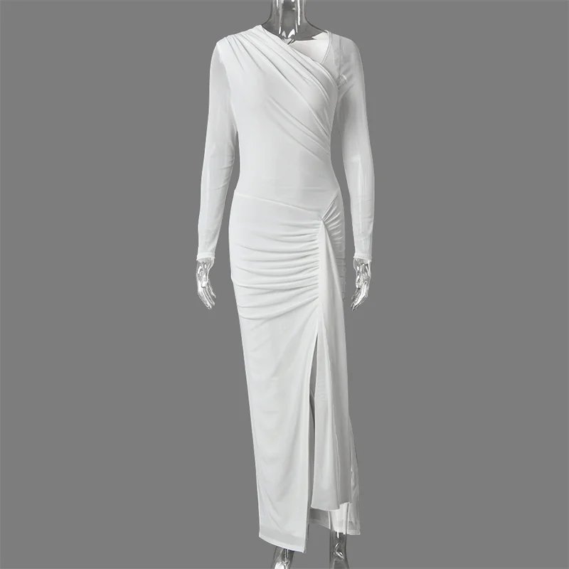 Victorias Vogue One Shoulder Mesh Long Sleeve Maxi Dress Women Ruched Thigh High Slit Bodycon Evening Party Wedding Guest Long Dress Victorias Vogue One Shoulder Mesh Long Sleeve Maxi Dress Women Ruched Thigh High Slit Bodycon Evening Party Wedding Guest Long Dress