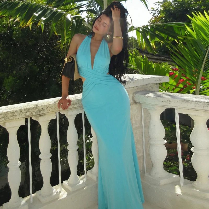 Victorias Vogue Women Halter Deep V Cutout Mermaid Maxi Dress Sexy Backless Ruched Long Gown Sleeveless Bodycon Party Evening Dress Victorias Vogue Women Halter Deep V Cutout Mermaid Maxi Dress Sexy Backless Ruched Long Gown Sleeveless Bodycon Party Evening Dress