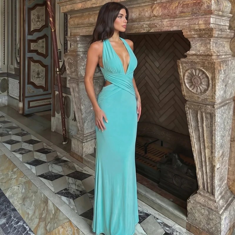 Victorias Vogue Women Halter Deep V Cutout Mermaid Maxi Dress Sexy Backless Ruched Long Gown Sleeveless Bodycon Party Evening Dress Victorias Vogue Women Halter Deep V Cutout Mermaid Maxi Dress Sexy Backless Ruched Long Gown Sleeveless Bodycon Party Evening Dress