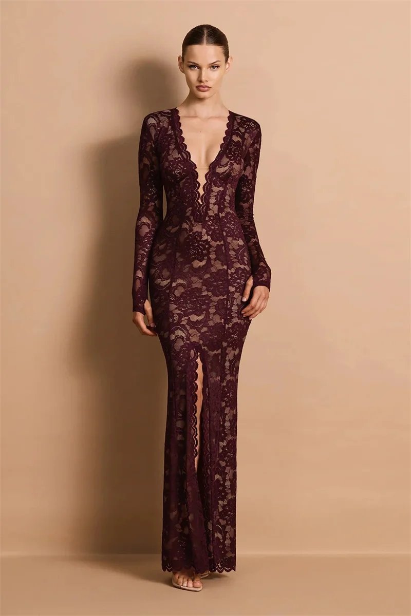 Victorias Vogue Lace Sheer Deep V Neck Sexy Maxi Mermaid Dress Women Elegant Long Sleeve Thigh High Split Bodycon Club Part Long Dress Victorias Vogue Lace Sheer Deep V Neck Sexy Maxi Mermaid Dress Women Elegant Long Sleeve Thigh High Split Bodycon Club Part Long Dress