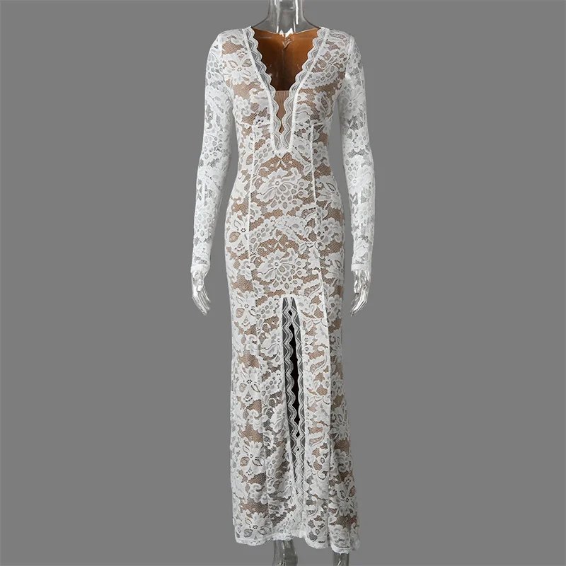 Victorias Vogue Lace Sheer Deep V Neck Sexy Maxi Mermaid Dress Women Elegant Long Sleeve Thigh High Split Bodycon Club Part Long Dress Victorias Vogue Lace Sheer Deep V Neck Sexy Maxi Mermaid Dress Women Elegant Long Sleeve Thigh High Split Bodycon Club Part Long Dress