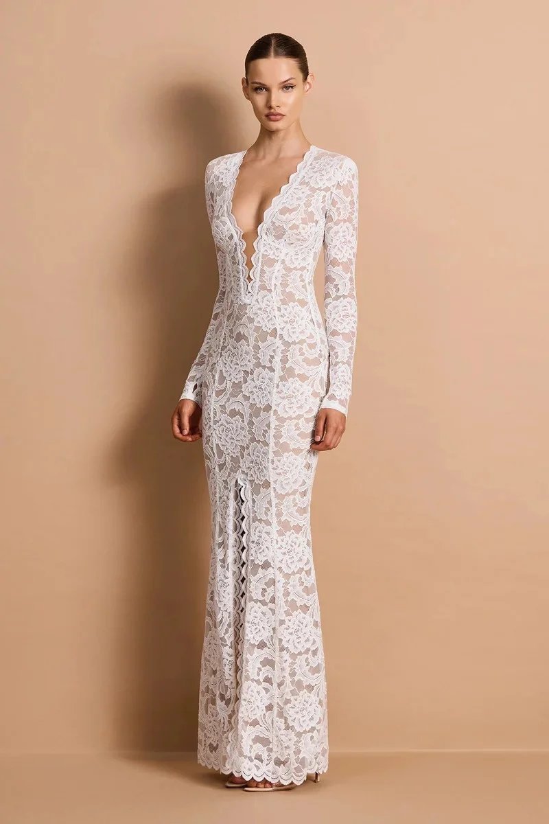 Victorias Vogue Lace Sheer Deep V Neck Sexy Maxi Mermaid Dress Women Elegant Long Sleeve Thigh High Split Bodycon Club Part Long Dress Victorias Vogue Lace Sheer Deep V Neck Sexy Maxi Mermaid Dress Women Elegant Long Sleeve Thigh High Split Bodycon Club Part Long Dress