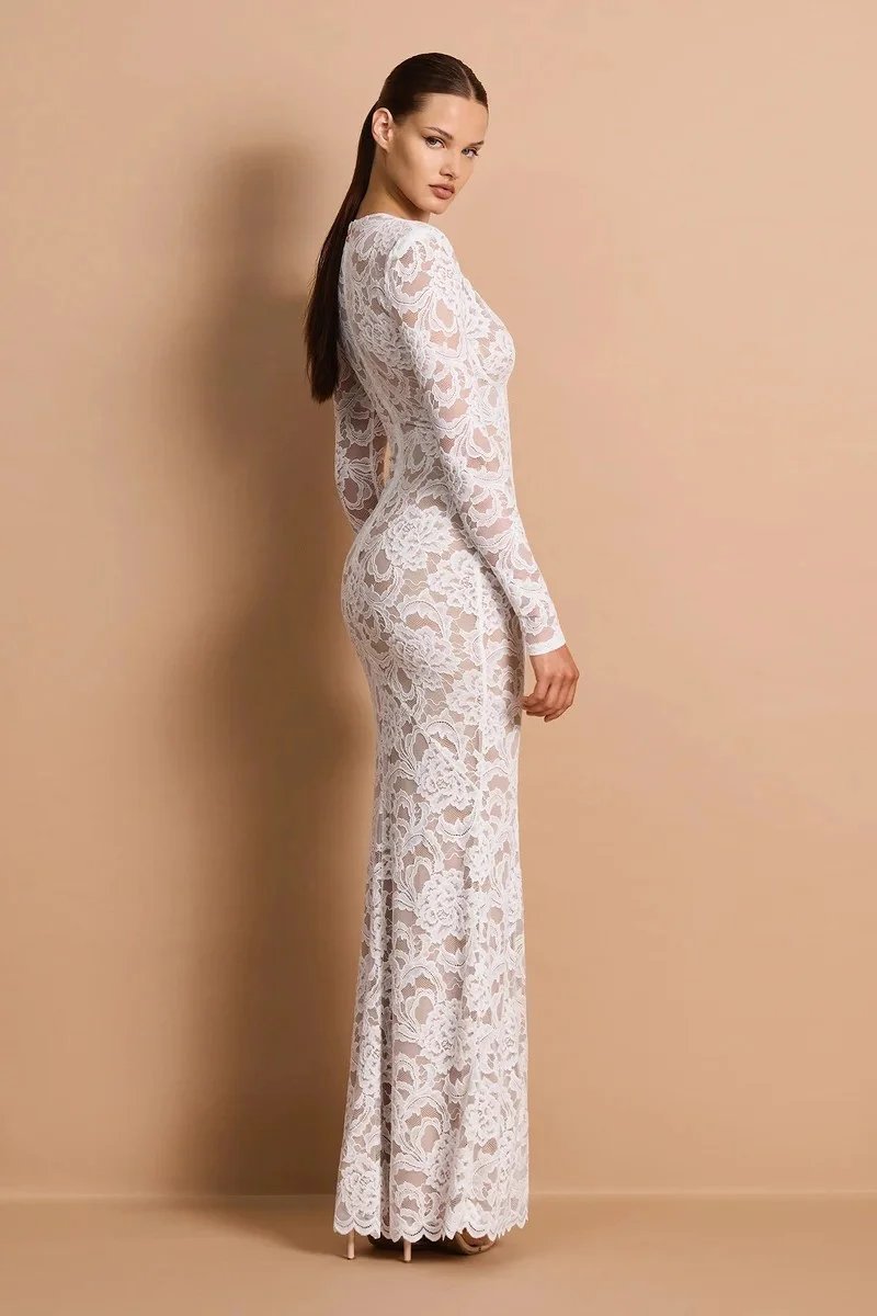Victorias Vogue Lace Sheer Deep V Neck Sexy Maxi Mermaid Dress Women Elegant Long Sleeve Thigh High Split Bodycon Club Part Long Dress Victorias Vogue Lace Sheer Deep V Neck Sexy Maxi Mermaid Dress Women Elegant Long Sleeve Thigh High Split Bodycon Club Part Long Dress