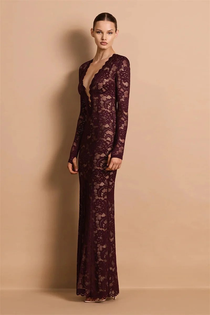 Victorias Vogue Lace Sheer Deep V Neck Sexy Maxi Mermaid Dress Women Elegant Long Sleeve Thigh High Split Bodycon Club Part Long Dress Victorias Vogue Lace Sheer Deep V Neck Sexy Maxi Mermaid Dress Women Elegant Long Sleeve Thigh High Split Bodycon Club Part Long Dress