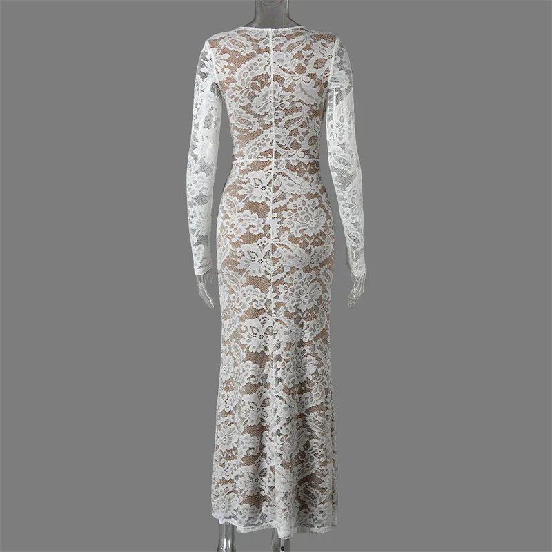 Victorias Vogue Lace Sheer Deep V Neck Sexy Maxi Mermaid Dress Women Elegant Long Sleeve Thigh High Split Bodycon Club Part Long Dress Victorias Vogue Lace Sheer Deep V Neck Sexy Maxi Mermaid Dress Women Elegant Long Sleeve Thigh High Split Bodycon Club Part Long Dress