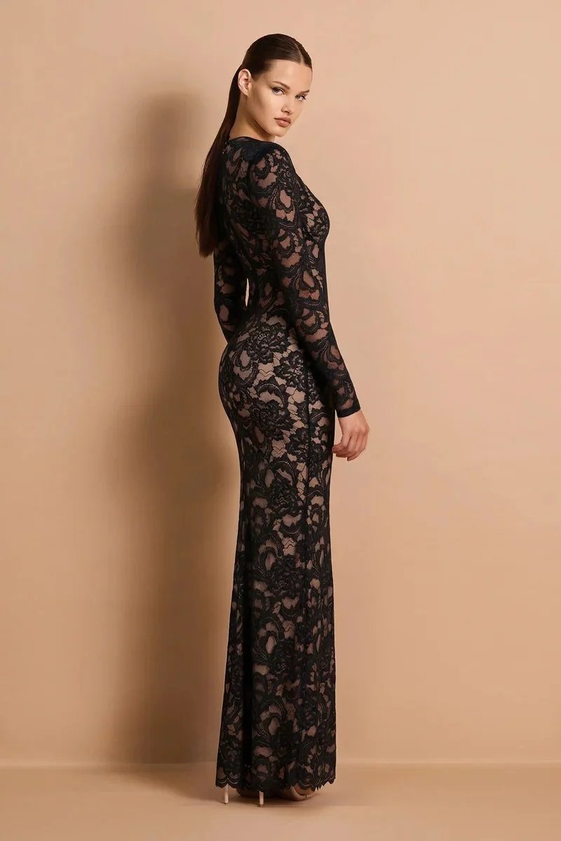 Victorias Vogue Lace Sheer Deep V Neck Sexy Maxi Mermaid Dress Women Elegant Long Sleeve Thigh High Split Bodycon Club Part Long Dress Victorias Vogue Lace Sheer Deep V Neck Sexy Maxi Mermaid Dress Women Elegant Long Sleeve Thigh High Split Bodycon Club Part Long Dress