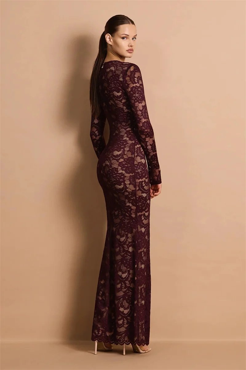 Victorias Vogue Lace Sheer Deep V Neck Sexy Maxi Mermaid Dress Women Elegant Long Sleeve Thigh High Split Bodycon Club Part Long Dress Victorias Vogue Lace Sheer Deep V Neck Sexy Maxi Mermaid Dress Women Elegant Long Sleeve Thigh High Split Bodycon Club Part Long Dress