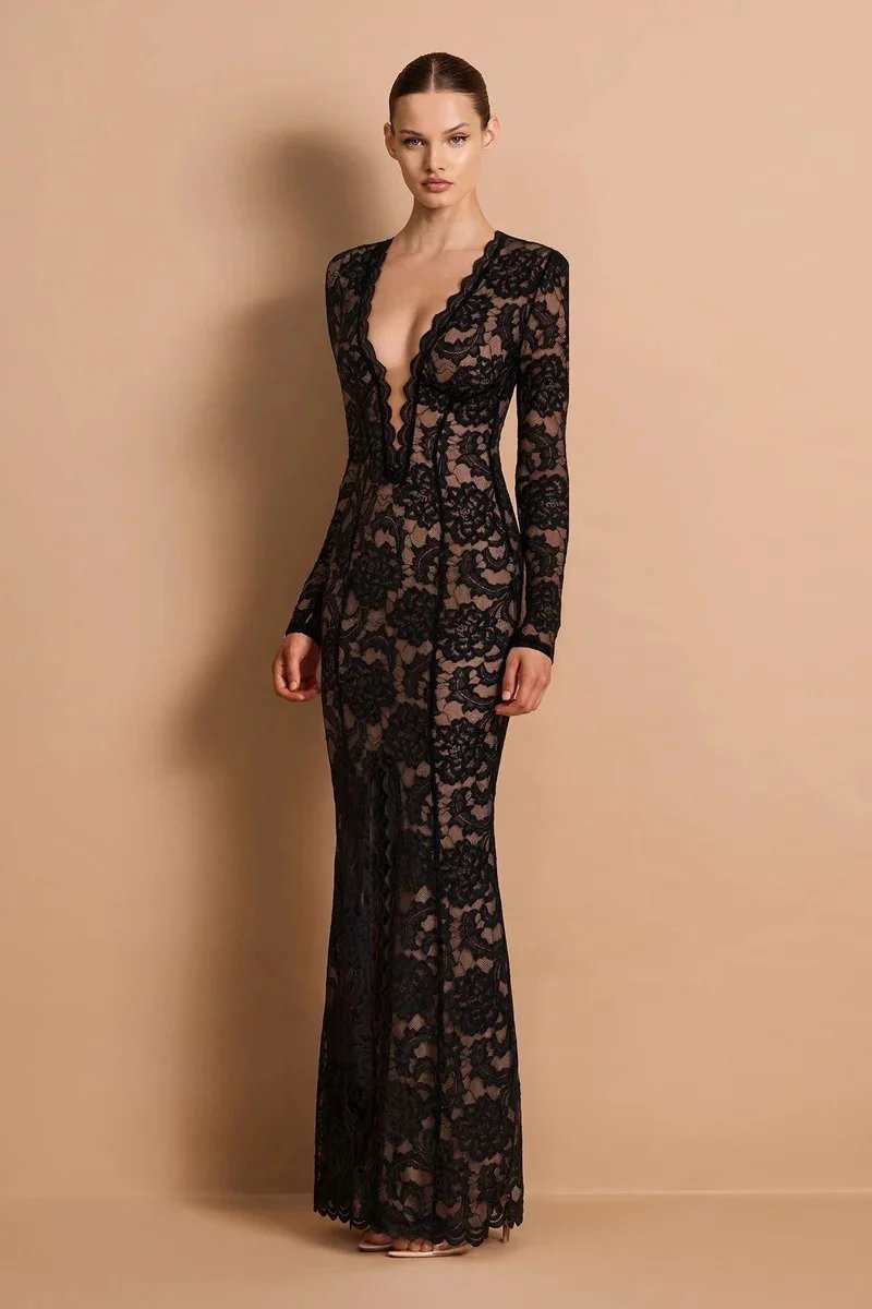 Victorias Vogue Lace Sheer Deep V Neck Sexy Maxi Mermaid Dress Women Elegant Long Sleeve Thigh High Split Bodycon Club Part Long Dress Victorias Vogue Lace Sheer Deep V Neck Sexy Maxi Mermaid Dress Women Elegant Long Sleeve Thigh High Split Bodycon Club Part Long Dress