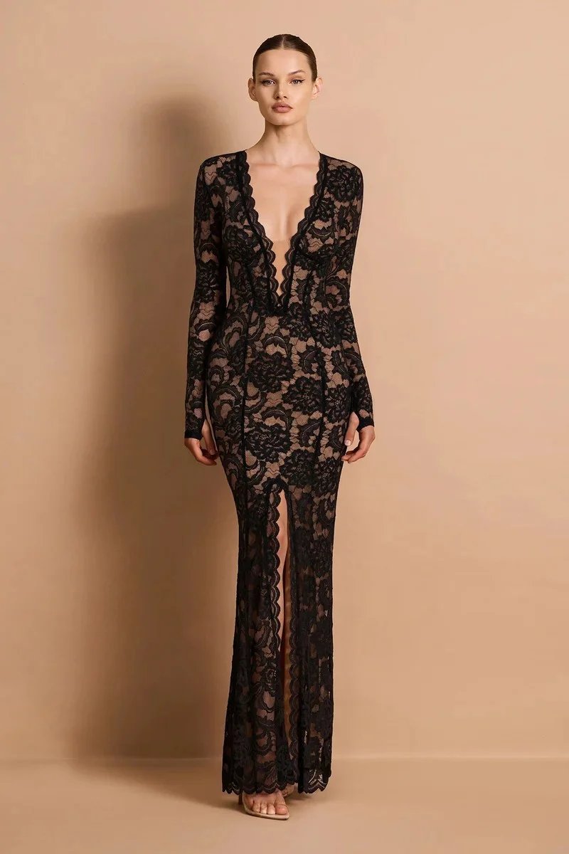 Victorias Vogue Lace Sheer Deep V Neck Sexy Maxi Mermaid Dress Women Elegant Long Sleeve Thigh High Split Bodycon Club Part Long Dress Victorias Vogue Lace Sheer Deep V Neck Sexy Maxi Mermaid Dress Women Elegant Long Sleeve Thigh High Split Bodycon Club Part Long Dress