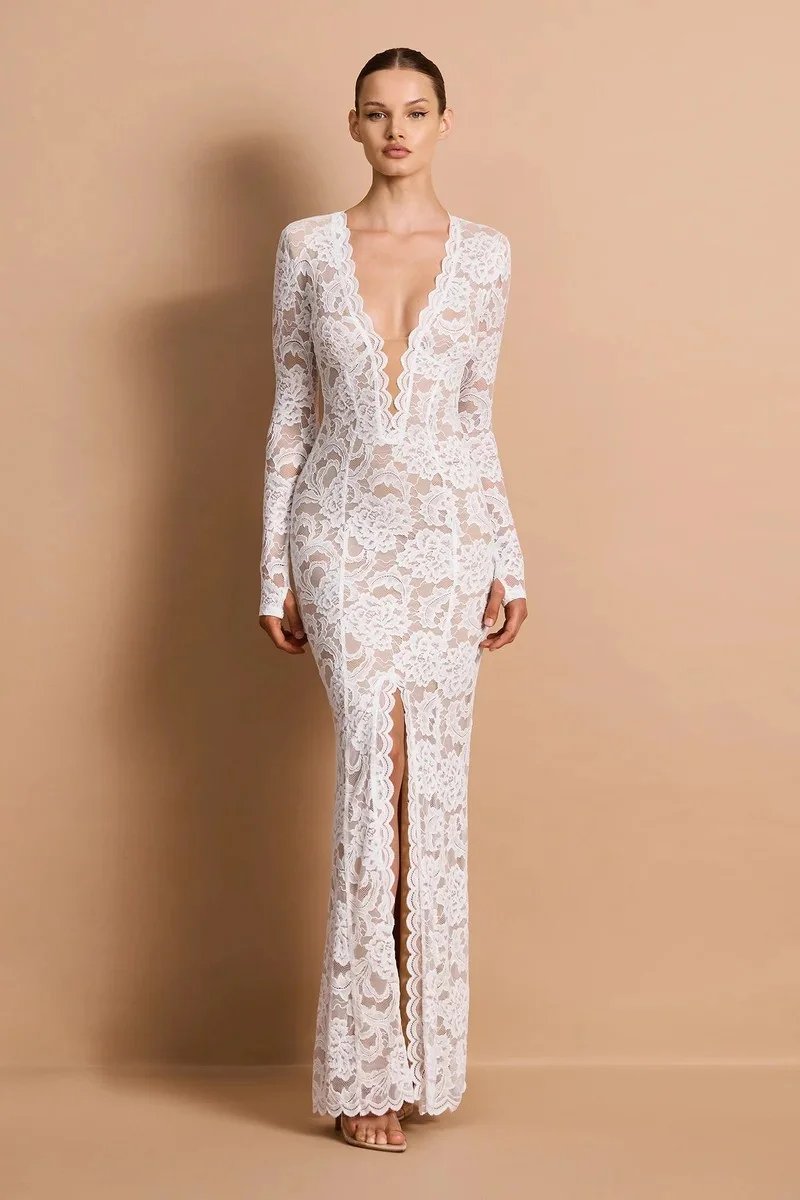 Victorias Vogue Lace Sheer Deep V Neck Sexy Maxi Mermaid Dress Women Elegant Long Sleeve Thigh High Split Bodycon Club Part Long Dress Victorias Vogue Lace Sheer Deep V Neck Sexy Maxi Mermaid Dress Women Elegant Long Sleeve Thigh High Split Bodycon Club Part Long Dress
