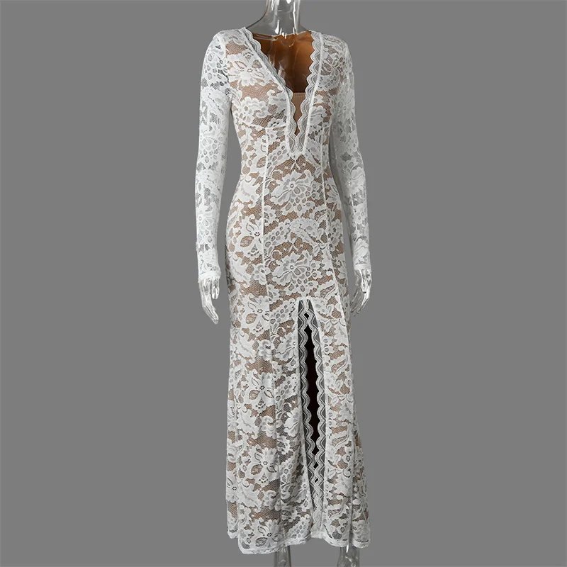 Victorias Vogue Lace Sheer Deep V Neck Sexy Maxi Mermaid Dress Women Elegant Long Sleeve Thigh High Split Bodycon Club Part Long Dress Victorias Vogue Lace Sheer Deep V Neck Sexy Maxi Mermaid Dress Women Elegant Long Sleeve Thigh High Split Bodycon Club Part Long Dress