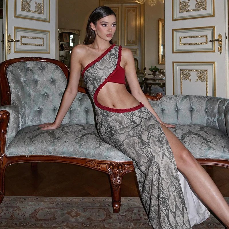 Victorias Vogue Women One Shoulder Snake Print Maxi Dress Ruffle Trim Cutout Waist High Split Sleeveless Bodycon Evening Party Dress Victorias Vogue Women One Shoulder Snake Print Maxi Dress Ruffle Trim Cutout Waist High Split Sleeveless Bodycon Evening Party Dress