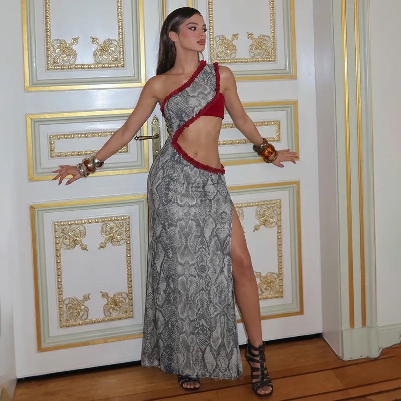 Victorias Vogue Women One Shoulder Snake Print Maxi Dress Ruffle Trim Cutout Waist High Split Sleeveless Bodycon Evening Party Dress Victorias Vogue Women One Shoulder Snake Print Maxi Dress Ruffle Trim Cutout Waist High Split Sleeveless Bodycon Evening Party Dress
