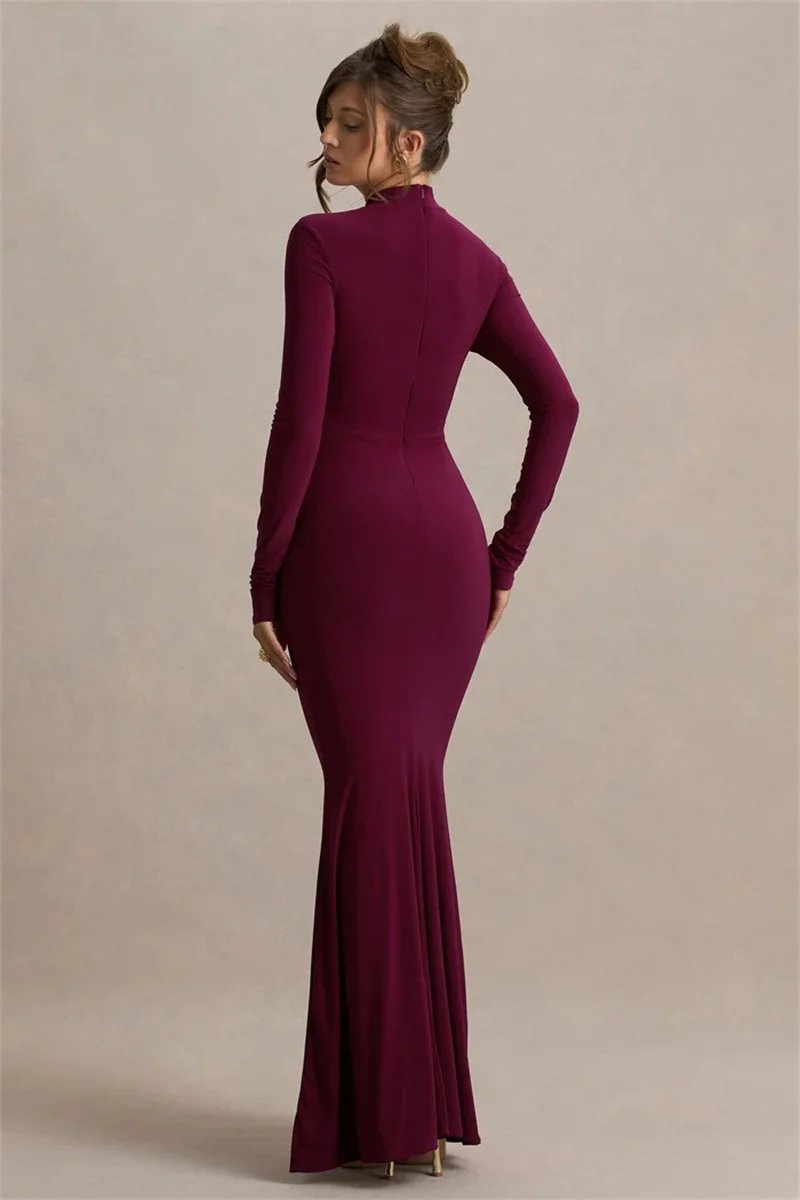 Victorias Vogue High Neck Long Sleeve Mermaid Maxi Dress Women Slim Ruched Waist Bodycon Floor Length Evening Party Formal Dress