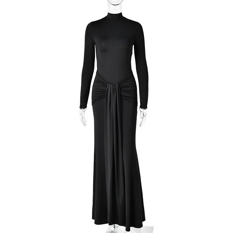 Victorias Vogue High Neck Long Sleeve Mermaid Maxi Dress Women Slim Ruched Waist Bodycon Floor Length Evening Party Formal Dress