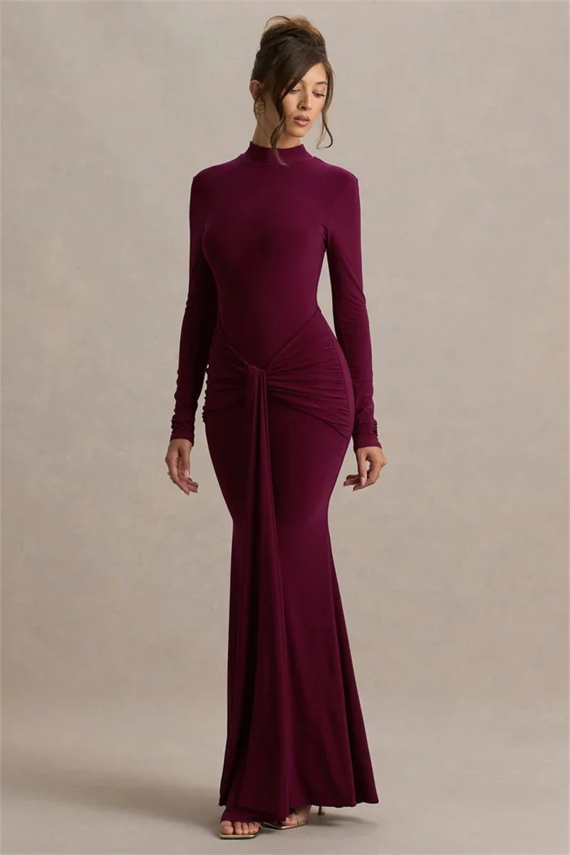 Victorias Vogue High Neck Long Sleeve Mermaid Maxi Dress Women Slim Ruched Waist Bodycon Floor Length Evening Party Formal Dress