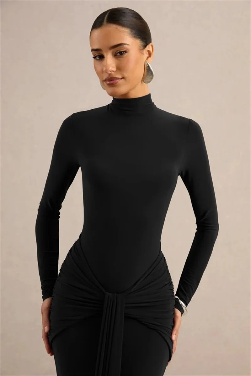 Victorias Vogue High Neck Long Sleeve Mermaid Maxi Dress Women Slim Ruched Waist Bodycon Floor Length Evening Party Formal Dress