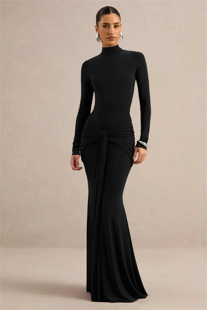 Victorias Vogue High Neck Long Sleeve Mermaid Maxi Dress Women Slim Ruched Waist Bodycon Floor Length Evening Party Formal Dress