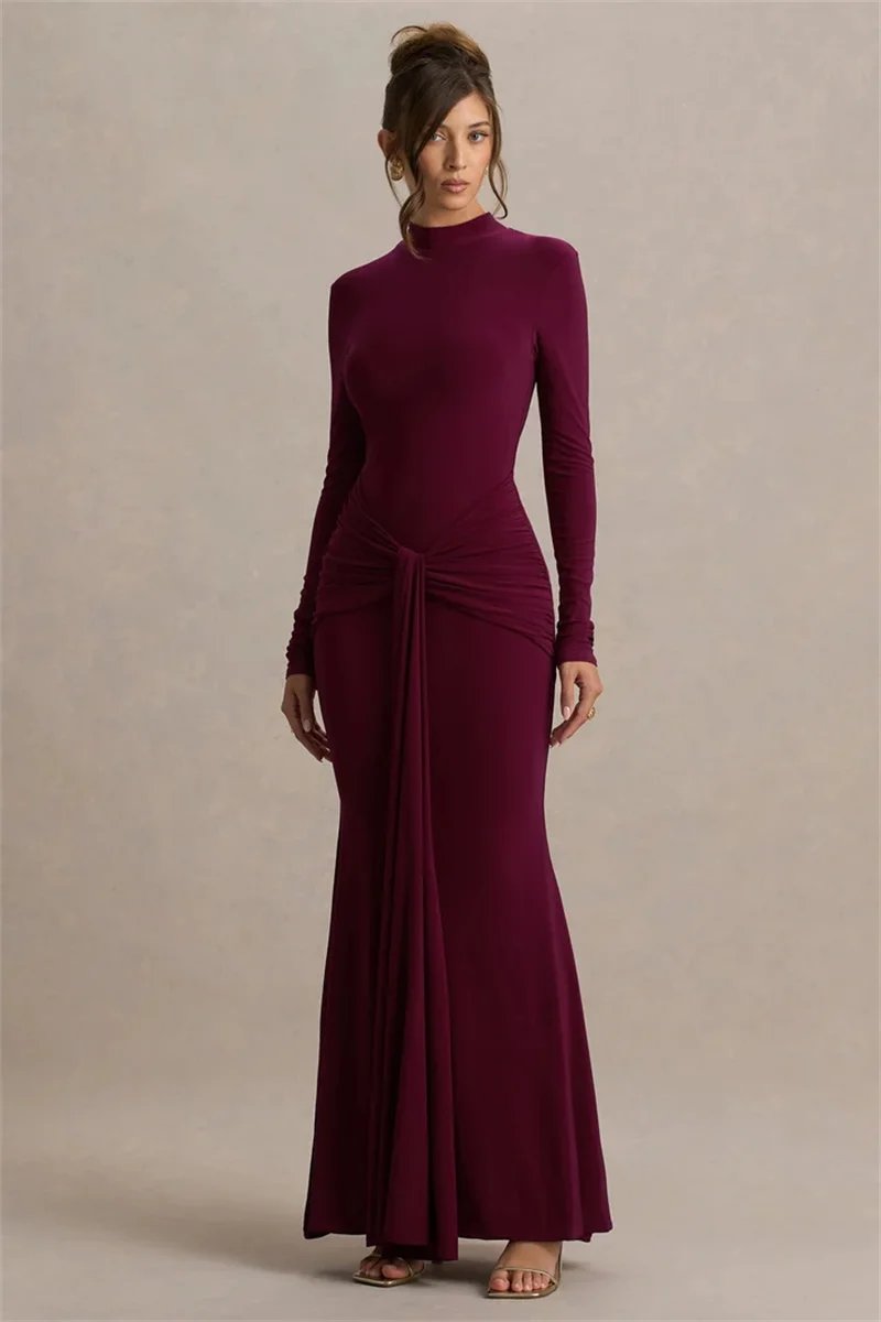 Victorias Vogue High Neck Long Sleeve Mermaid Maxi Dress Women Slim Ruched Waist Bodycon Floor Length Evening Party Formal Dress