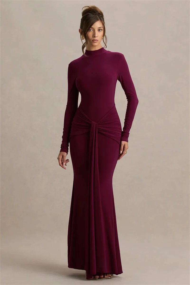 Victorias Vogue High Neck Long Sleeve Mermaid Maxi Dress Women Slim Ruched Waist Bodycon Floor Length Evening Party Formal Dress